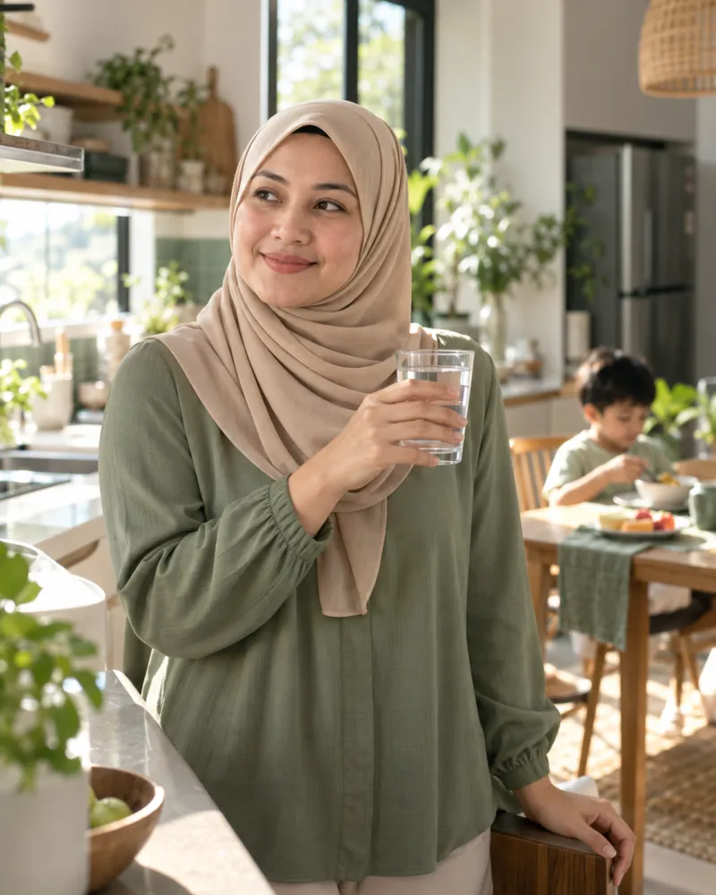 Ibu bertudung tersenyum memegang segelas air di dapur pada waktu pagi, anak bersarapan di belakang