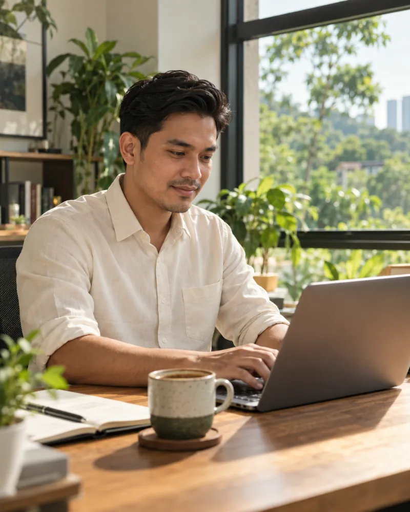 Lelaki profesional tenang bekerja di komputer riba di pejabat yang terang