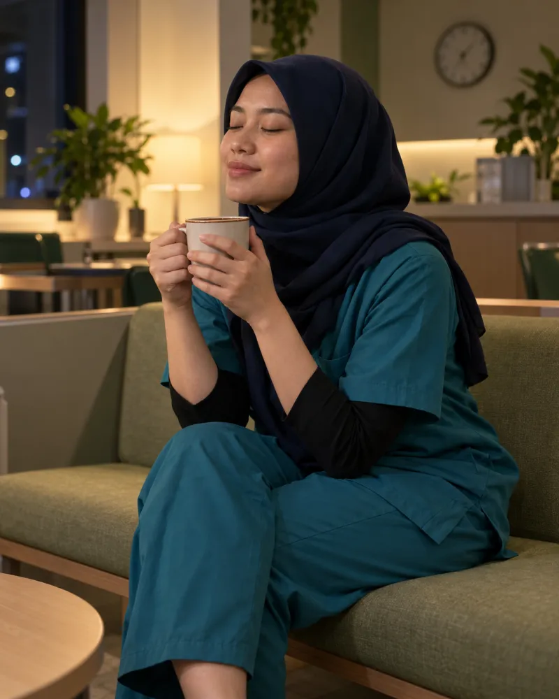 Jururawat bertudung berehat dengan secawan minuman di bilik rehat pada waktu malam