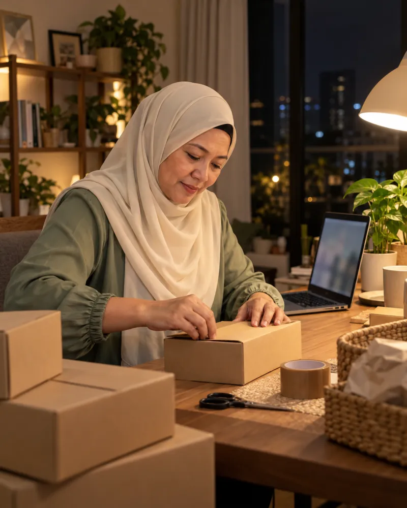 Usahawan wanita bertudung membungkus parcel di meja pada waktu malam