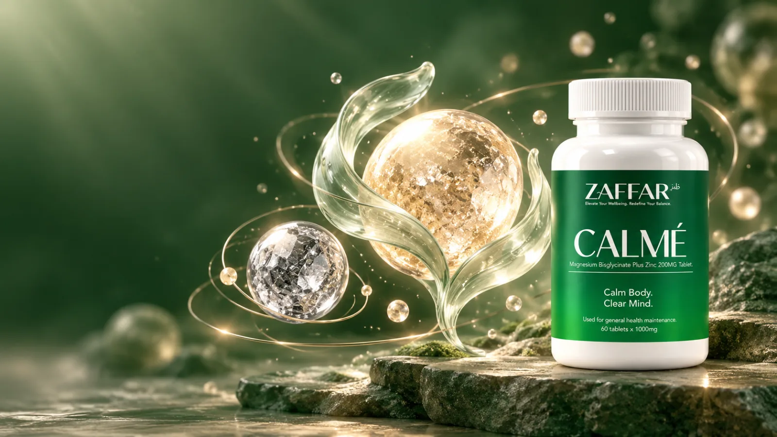 Botol CALMÉ bersama visual mineral magnesium dan zinc